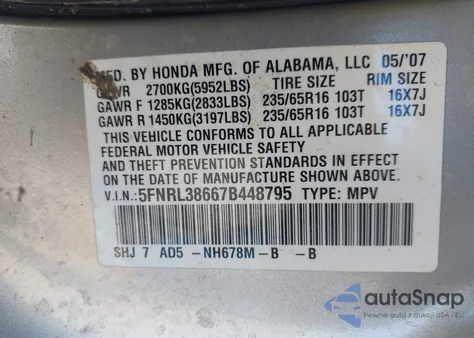 2007 Honda Odyssey Exl из США, поврежденный, VIN 5FNRL38667B448795